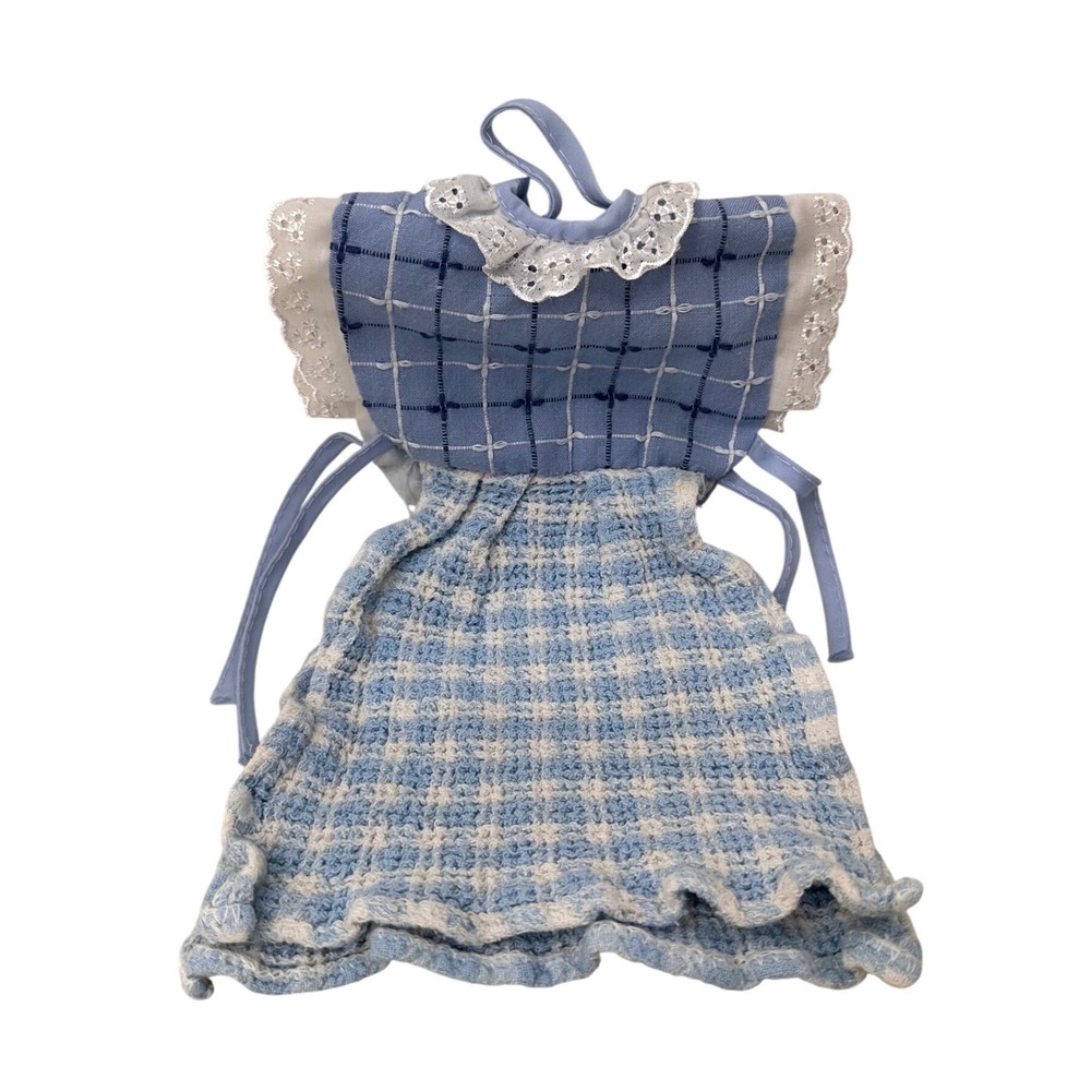Vintage Doll Dress Blue Gingham Checkered Lace‎ Trim Teddy Bear Clothes Slip On